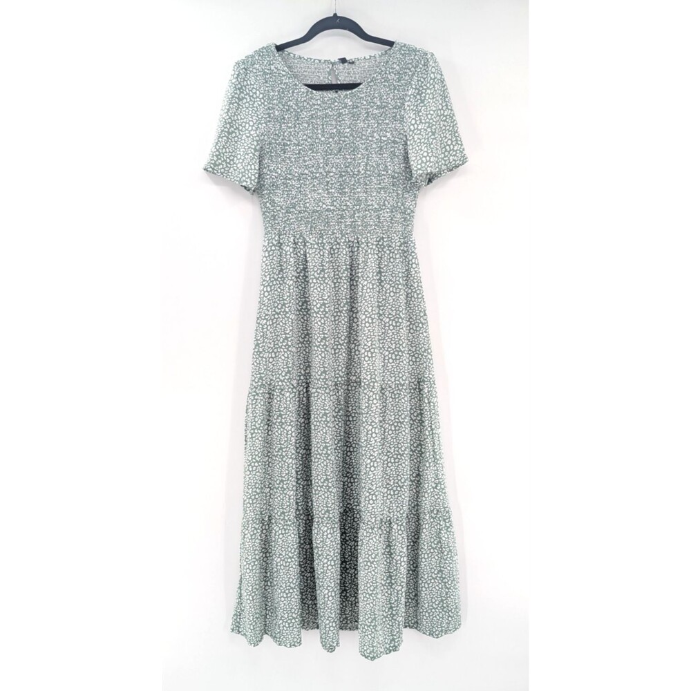 Green White Printed Smocked Short Sleeve Tiered Boho Round Neck Maxi Dress Med